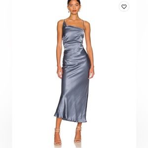 Shona Joy La Lune Asymmetrical Bias Cowl Midi Dress in Blue Smoke - size 4